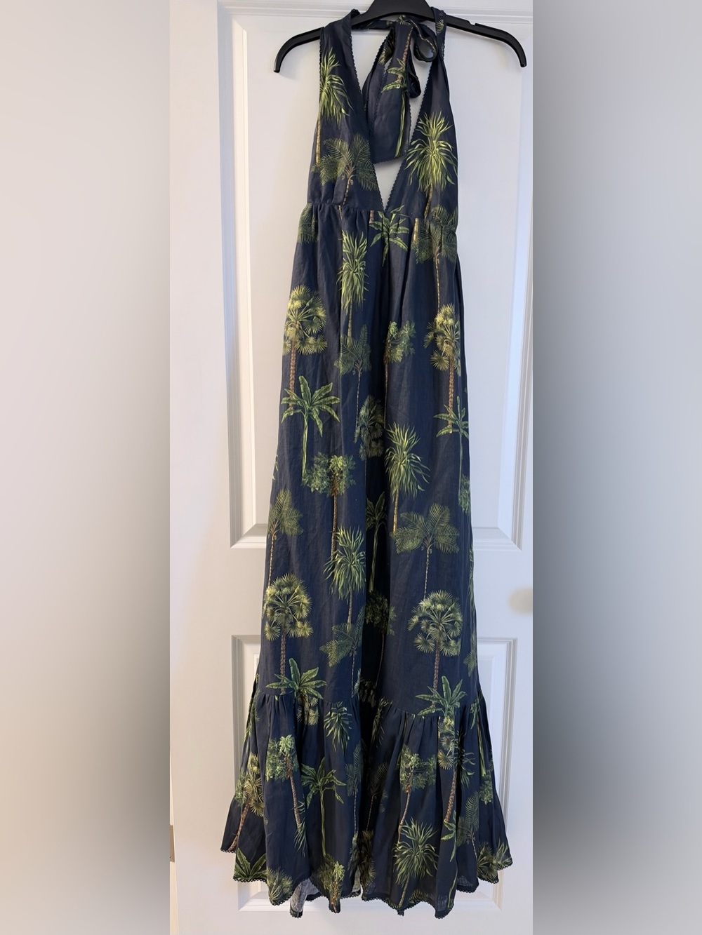 Agua Bendita Navy Palm Print Halter Maxi Dress Size S Resort